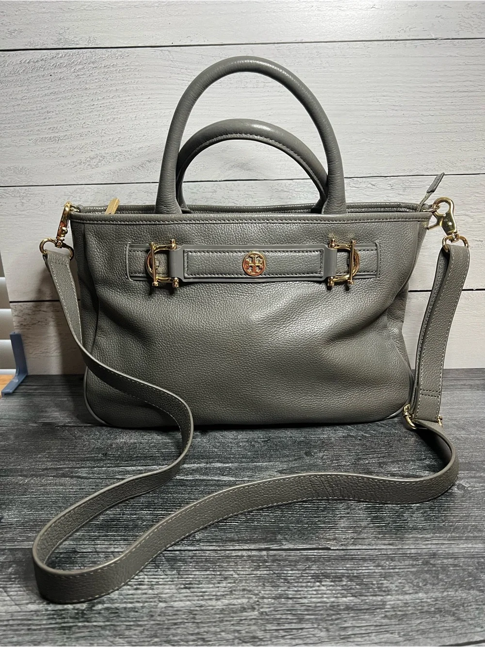 Tory Burch Gray Pebbled Leather Tote with Gold Horsebit Hardware